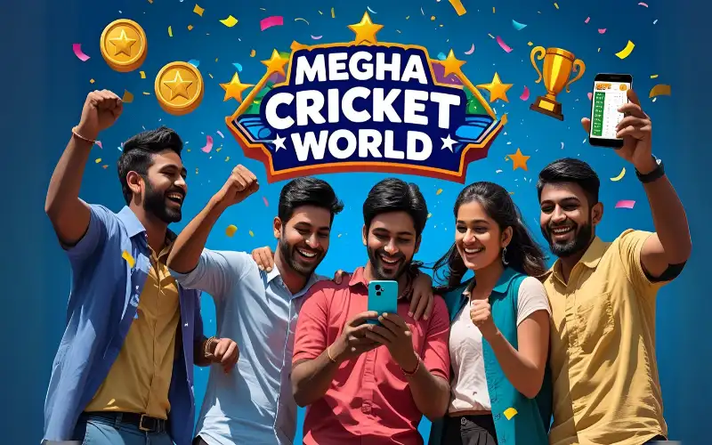 Group of friends celebrating around a phone, with leaderboard and bold MEGHA CRICKET WORLD on top.