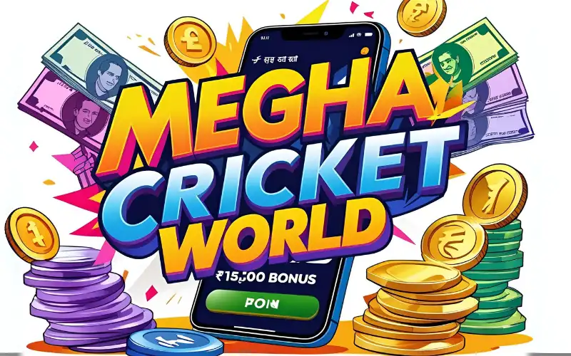 Mobile phone showing cricket app, cash, spins, and bold MEGHA CRICKET WORLD title.  
