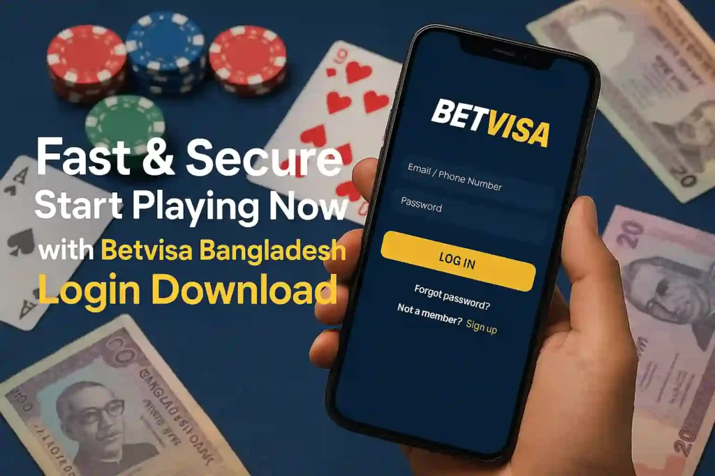 "User holding smartphone with Betvisa Bangladesh login download app, showing registration screen and casino background"  