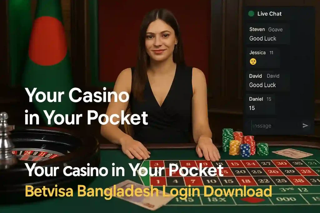 "Live casino dealer with poker chips and Betvisa Bangladesh login download branding for Bangladeshi users"