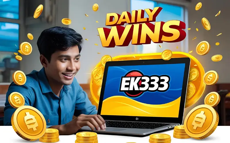 EK333 Bangladesh Promo: Earn ৳25,000 Real Cash Now! A happy user in Dhaka using the EK333 platform on a laptop, with daily bonuses and rewards icons surrounding the EK333 logo.