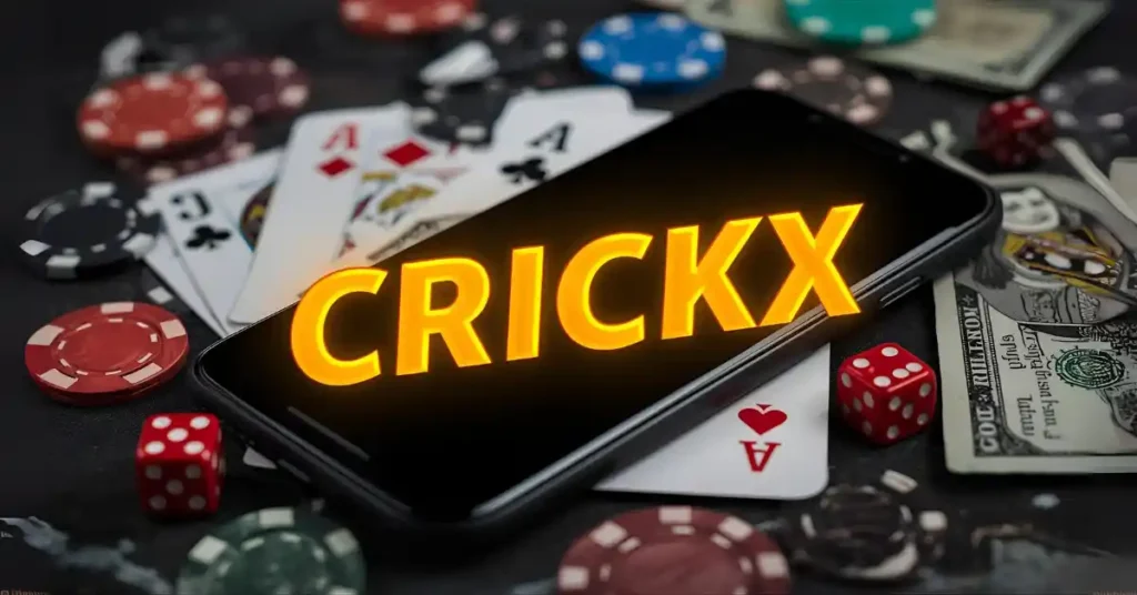 Crickx Jackpot Thrill: Collect ৳528,500 Without Delay martphone with cards, chips, dice, and money overlayed with the CRICKX logo