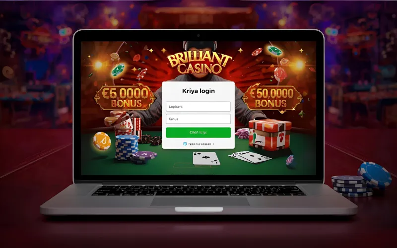 Laptop showing Brilliant Casino interface with kriya login, chips, cards, and ৳500,000 bonus highlighted for Bangladesh players.