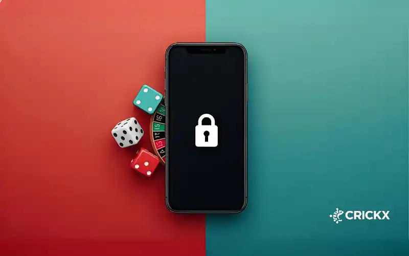 Half image showing roulette wheel in motion and half showing smartphone with padlock, representing risk and security