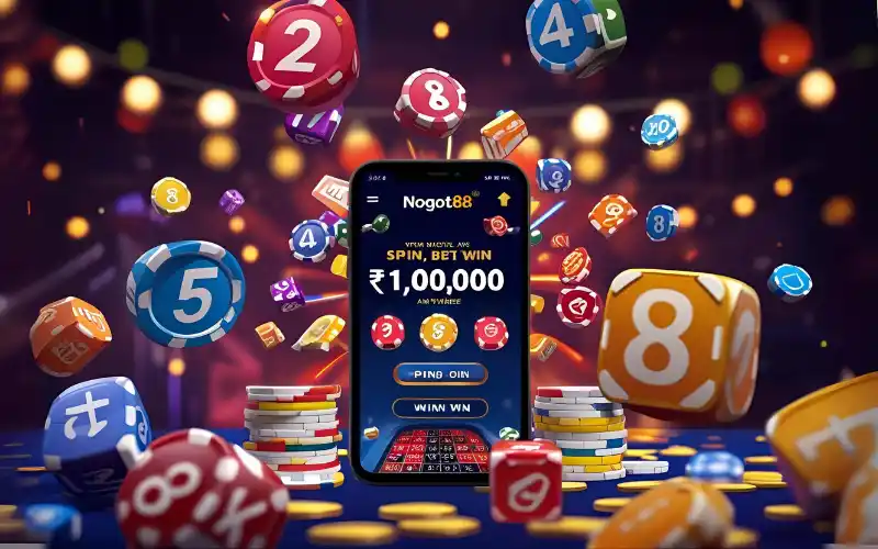 "Mobile screen showing nogot88 app with colorful dice and coins — spin, bet, and win ₹1,00,000 on the go."