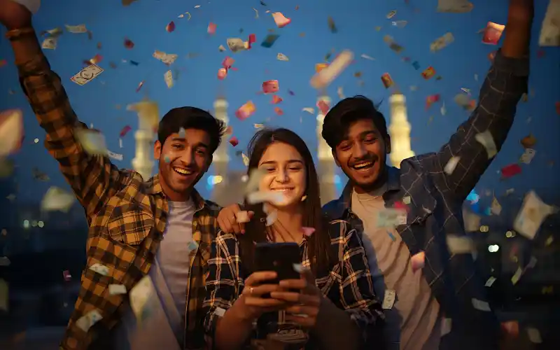 Young people celebrating with a smartphone in Dhaka, with confetti and glowing screen showing a win on CRICKX