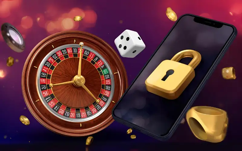 "Roulette wheel or dice mid-roll with smartphone showing padlock for security"- baji partner