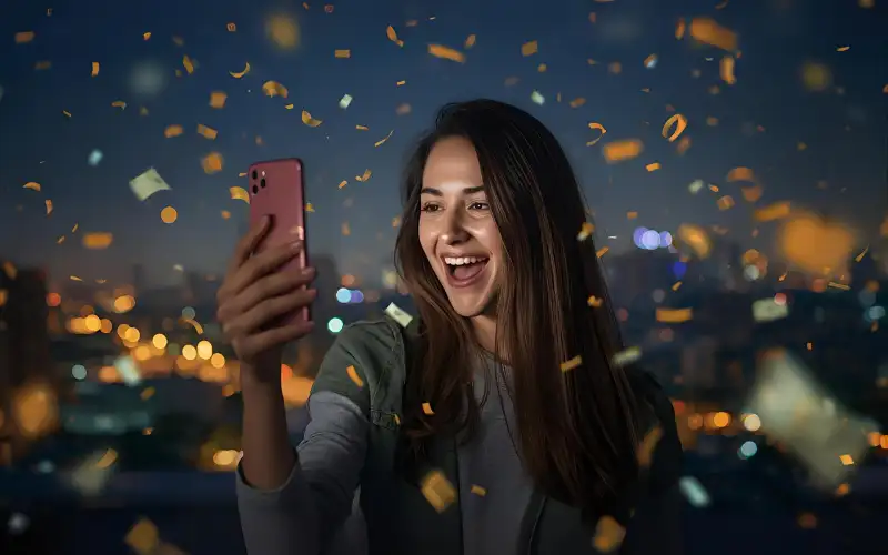 "Young person celebrating with smartphone in Dhaka, confetti and glowing screen showing winning, overlay text 'baji partner'"