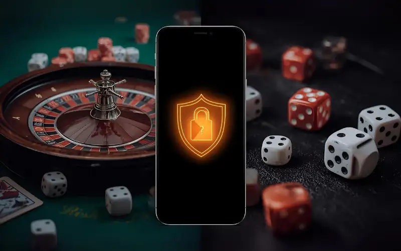  "Casino roulette wheel and dice representing gambling risk, alongside a smartphone with a glowing padlock/shield representing security."


