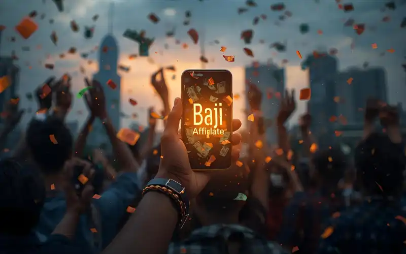 Young people celebrating in Dhaka with smartphone showing winning, baji.affiliate overlay.