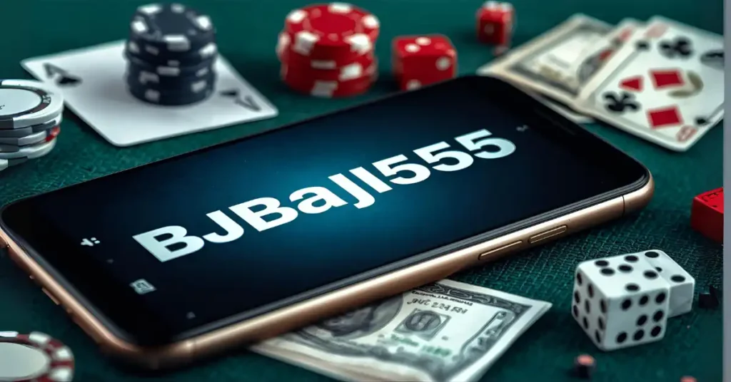 bj baji555 Jackpot Magic – Secure ৳200,000 Winning Chance "Cards, chips, dice, and money on a smartphone screen with large overlay text bj baji555."