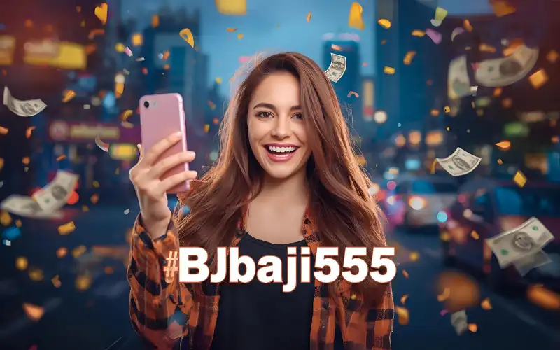 "A young person celebrating with a smartphone in hand, Dhaka city in the background, with confetti, glowing screen, money, and casino elements, with overlay text bj baji555."

