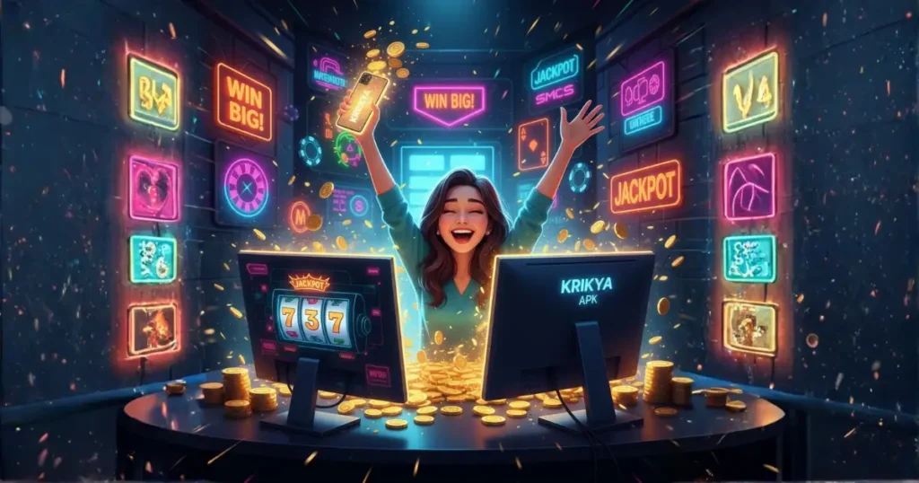 krikya apk-Close-up of spinning slot machine reels landing on jackpot symbols with a jackpot alert.