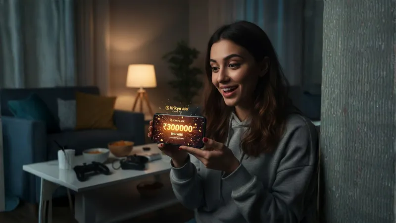 krikya apk-Mobile phone displaying a winning casino app interface with a huge reward alert.